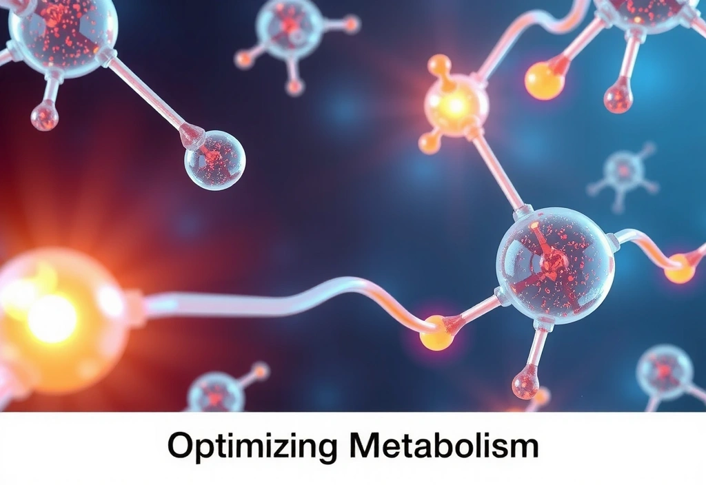 O ilustrație stilizată a moleculelor și a proceselor metabolice, reprezentând optimizarea metabolismului