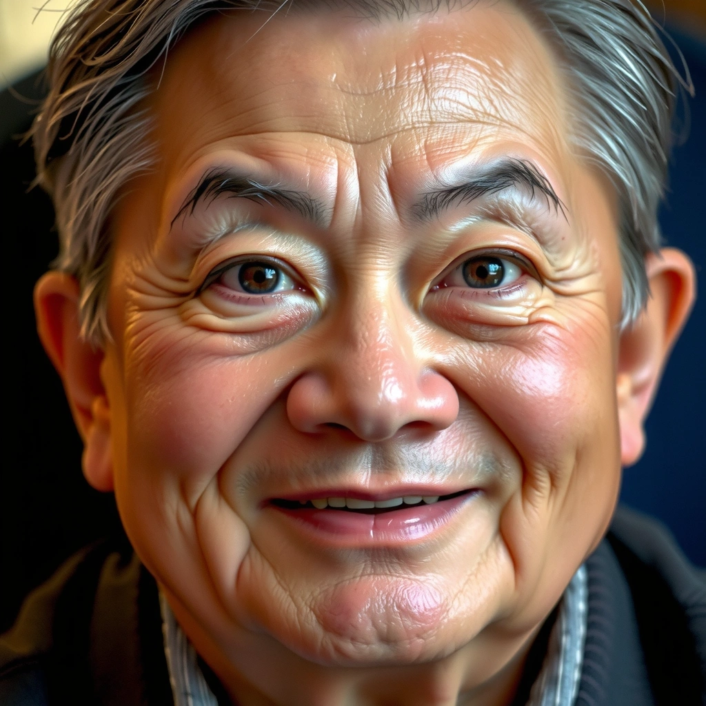 Portretul unei persoane mai în vârstă, cu un aspect calm și înțelept, emanând vitalitate.