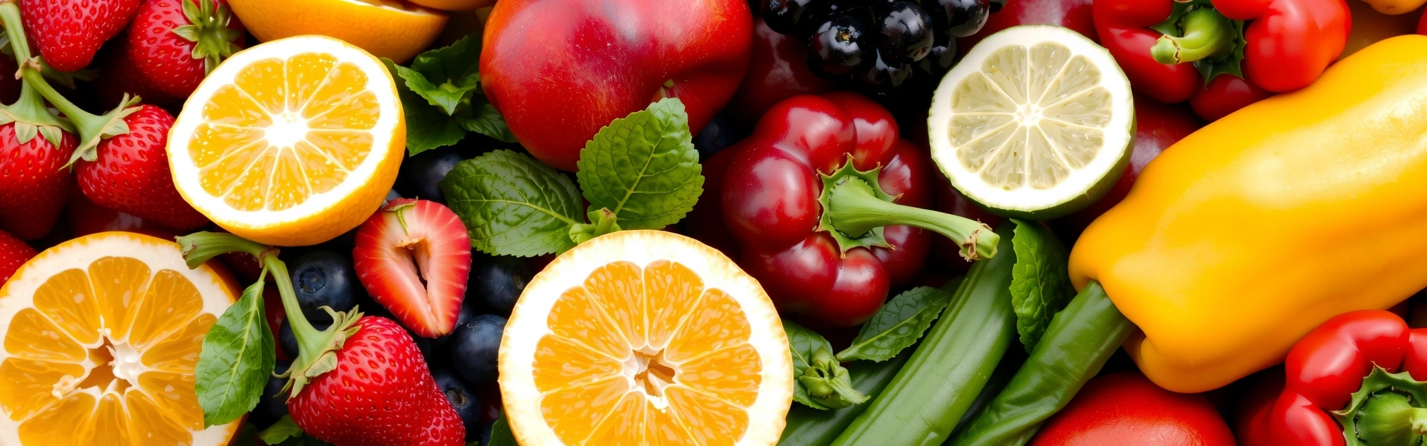 Diverse fructe și legume proaspete și colorate, pline de vitamine esențiale